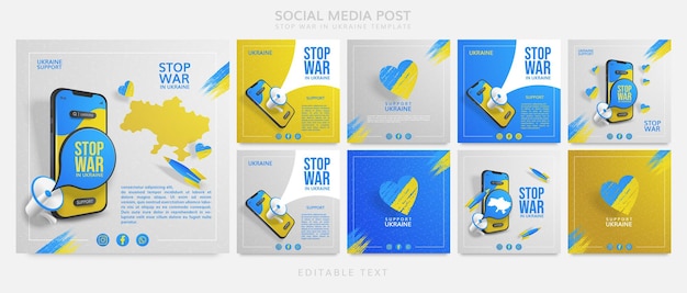 Vetor apoie parar a guerra na ucrânia na mídia social poste o conceito de compartilhamento móvel