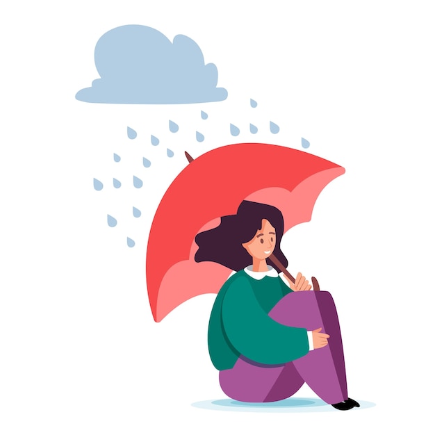 Apoio à saúde mental ilustração vetorial autocuidado no mundo interior conceito mulher feliz com guarda-chuva