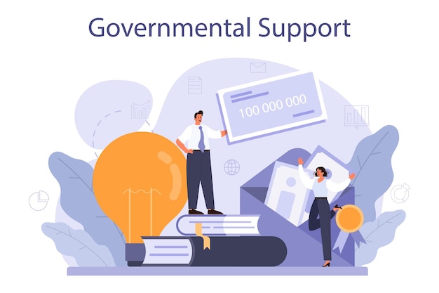 Apoio governamental Empréstimo bancário empresarial de um governo Procedimento de apoio à empresa Subsídio salarial de seguro de crise para empregado de negócios Ilustração vetorial plana