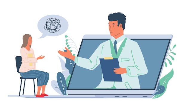 Apoio psicológico online Psicólogo consultando paciente através de videochamada mulher falando sobre problemas pessoais Consulta a especialistas médicos na Web Conceito de psicoterapia vetorial