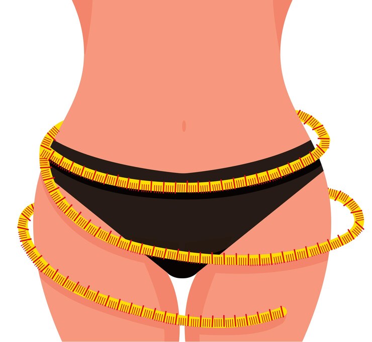 Vetor após o conceito de perda de peso, corpo esbelto de uma mulher em close-up de roupas íntimas. vetor de desenho animado de mulher magra