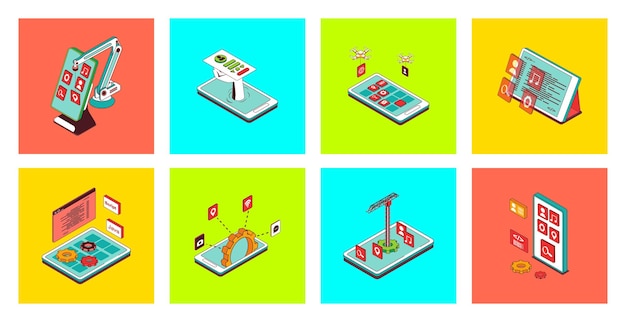 App development development concept of 3d isometric icons set Pack with programming applications process creating mobile interface layouts testing accessibility optimization Vector illustration