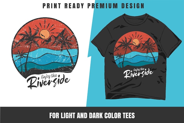 Aprecie o design gráfico de camiseta riverside sunset com palmeiras, ilustração vetorial, retrô de verão