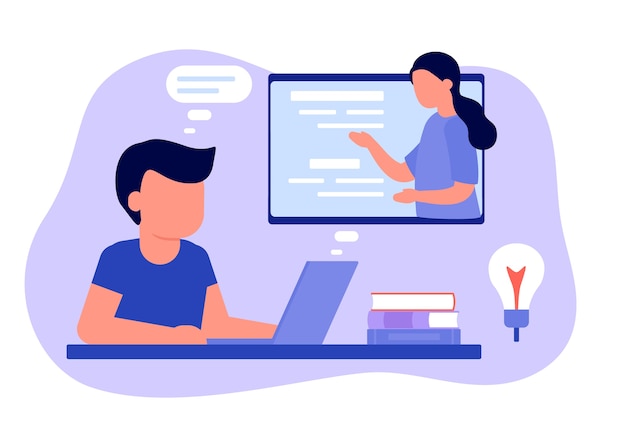 Aprenda à distância com o professor, educação online. garoto garoto está sentado no laptop e estudando a lição. a criança aprende remotamente. escola em casa, web e-learning, conceito de conhecimento. estilo plano