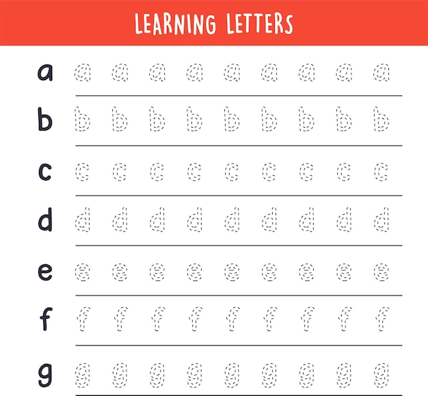 Aprendendo letras escrevendo alfabeto e prática de caligrafia simples ilustração vetorial plana