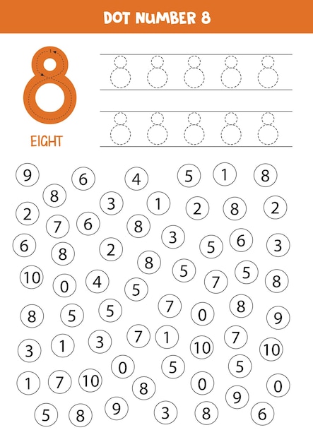 Aprendendo números com crianças. número oito. pontilhe todos os números 8. jogo de matemática para crianças.