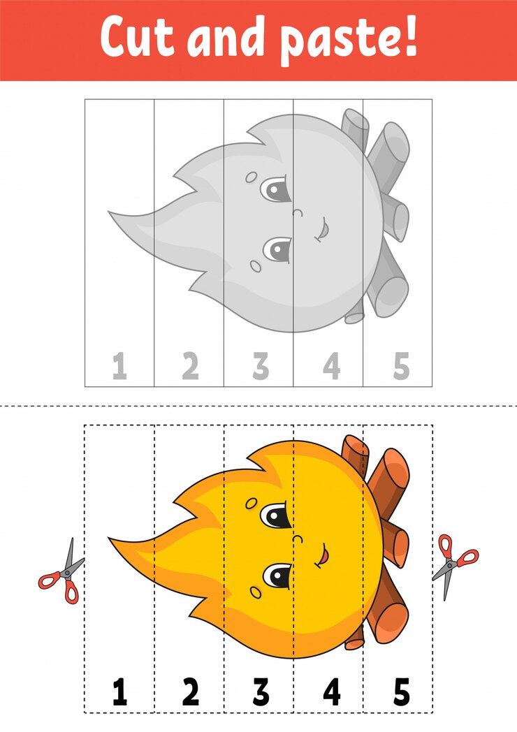 Vetor aprendendo números, cortar e colar. personagem de desenho animado.