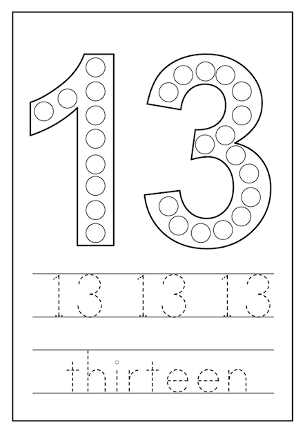 Aprendendo números para crianças número treze planilha de matemática