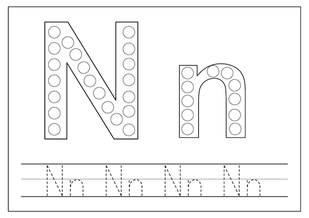 Aprendendo o alfabeto inglês para crianças letra n traçando letras