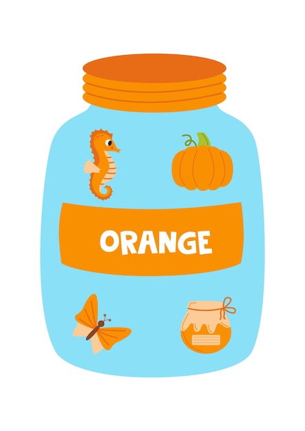 Vetor aprender cores básicas com frascos coloridos fala de trabalho para crianças cor laranja