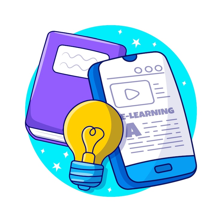 Vetor aprendizagem de educação online móvel com mão colorida desenhada de livro de smartphone e lâmpada