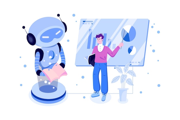Aprendizagem de robótica Conceito de ilustração Professor dando palestra a robôs