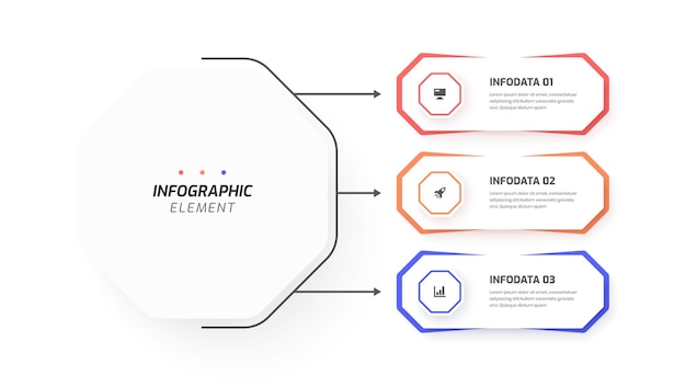 Apresentação de infográfico de círculo central de negócios com opção de rótulo de 3 octógonos e ícone para fluxo de trabalho