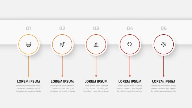 Apresentação de infográfico de cronograma de negócios com número e ícone de rótulo de círculo de cor gradiente 5