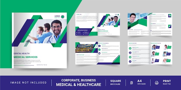 Apresentação de modelo de folheto médico quadrado de 8 páginas relatório anual design de folheto quadrado bifold