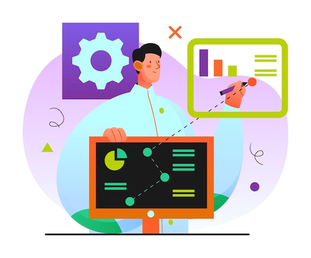 Vetor apresentação de negócios com diagramas de análise e ilustração de ícones