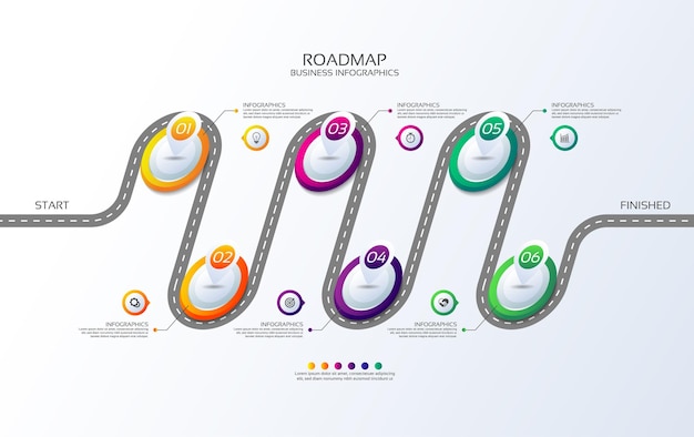 Apresentação de negócios infográfico roteiro colorido com seis etapas