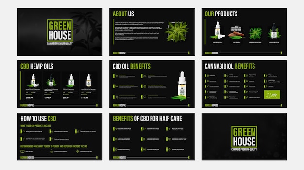 Apresentação de produtos de petróleo cbd, modelo preto de catálogo com elementos de infográfico.