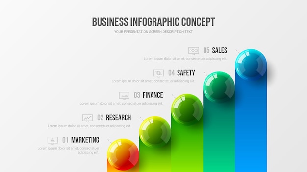 Apresentação do infográfico de dados de análise de marketing empresarial, design de bolas coloridas