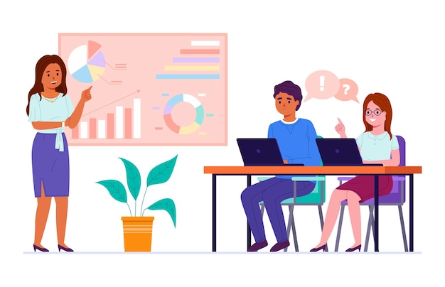Apresentação do projeto de pessoas de negócios A mulher indica estatísticas sobre a equipe do escritório de conferências agendas de reuniões, gerente de discussão e funcionários vetor conceito isolado de estilo plano de desenho animado