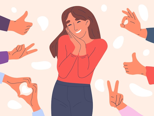 Aprovação positiva da mulher Pessoa do sexo feminino cercada opinião pública de respeito positivo e ilustração vetorial plana de aceitação isolada no fundo branco