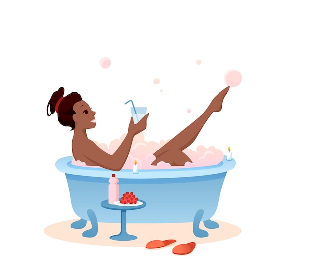 Vetor aproveite o conceito de hora do banho. desenho animado linda garota bebendo coquetel no banheiro para relaxar