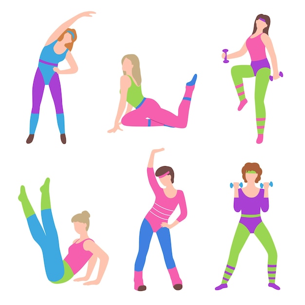 Aptidão retrô. conjunto de mulheres fazendo exercícios