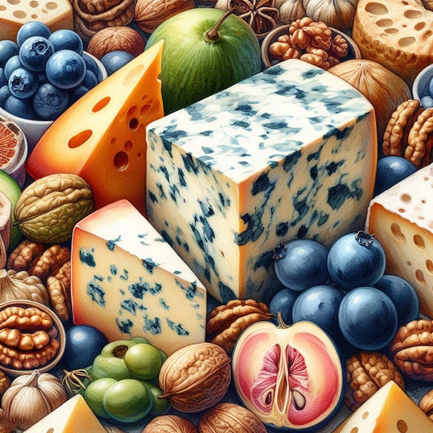 Aquarela alimentação ainda de queijo azul italiano gorgonzola desenho de ilustração de padrão de vegetais