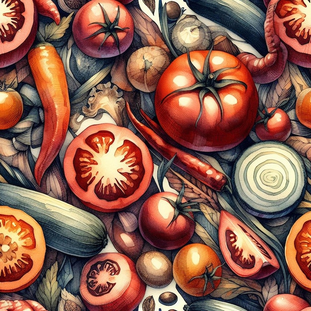 Vetor aquarela alimentação ainda de tomate italiano desenho de ilustração de padrão de vegetais