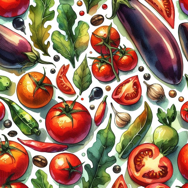 Vetor aquarela alimentação ainda de tomate italiano desenho de ilustração de padrão de vegetais