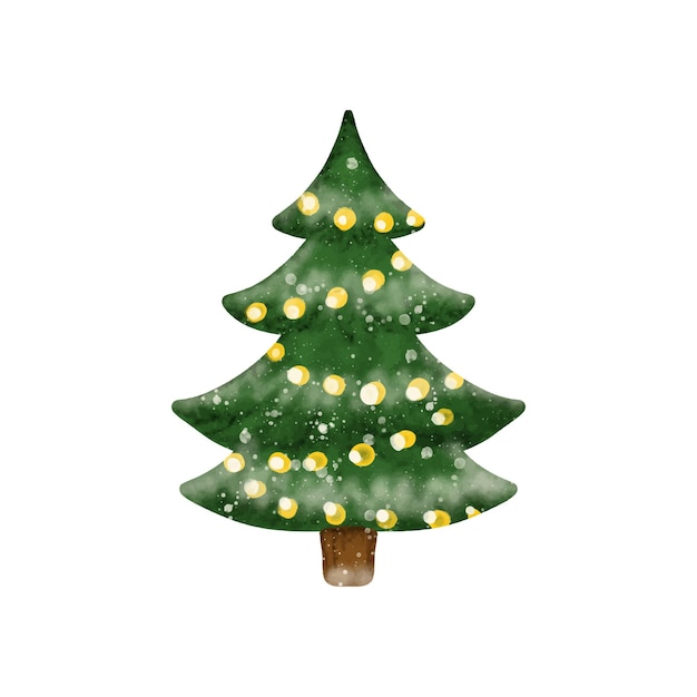 Vetor aquarela árvore de natal decorada amarela bola de luz guirlanda vetor isolado em branco