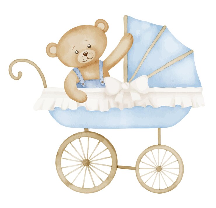 Vetor aquarela baby pram com ursinho de pelúcia em estilo vintage retro criança carrinho de bebê em cores pastel azul e bege bonito carrinho para crianças ilustração de perambulador com brinquedo para festa de recém-nascido