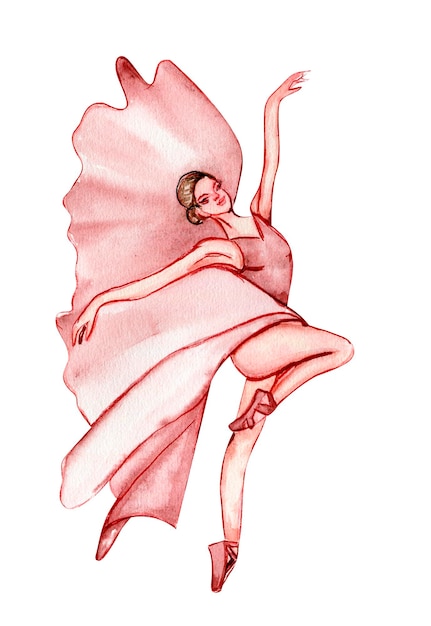 Aquarela bailarina dançando em vestido rosa. Bailarina dançando isolada. Balé clássico desenhado a mão