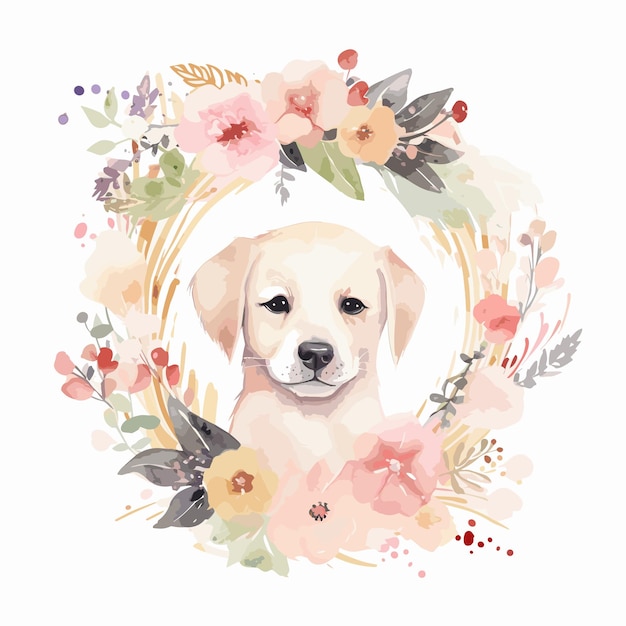 Aquarela bebê cão animal ilustração flores círculo