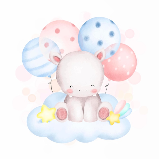 Aquarela bebê fofo hipopótamo e balão sentado na nuvem