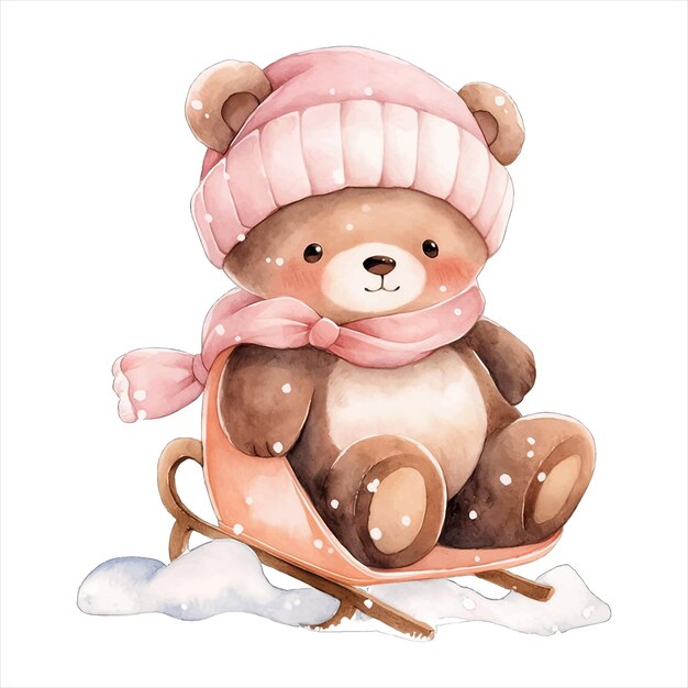 Aquarela bebê urso usa roupa de inverno rosa em feriado festivo