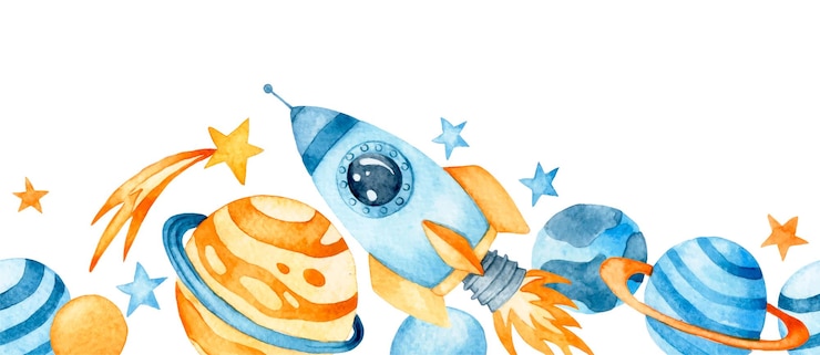 Vetor aquarela borda sem costura com planetas foguete espacial e astronauta desenho bonito para crianças