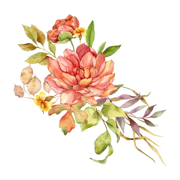 Aquarela bouquet floral com crisântemo e vegetação