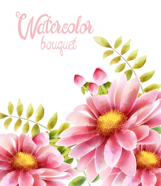 Aquarela buquê de flores margarida rosa com folhas