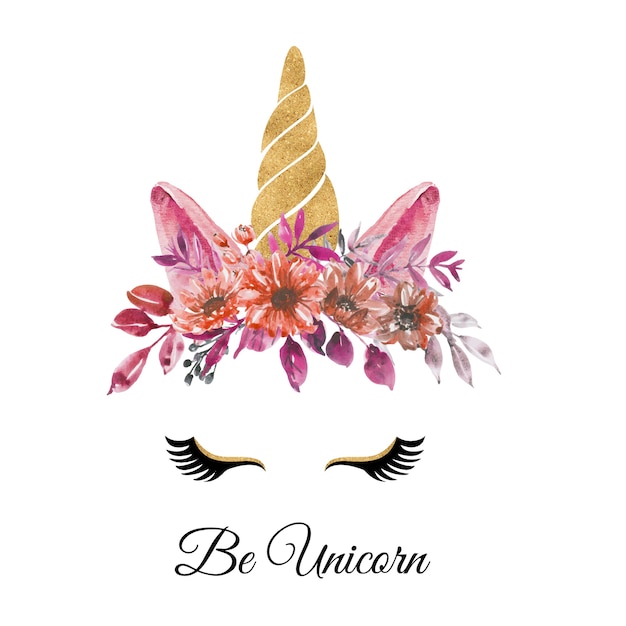 Aquarela cabeça de unicórnio com guirlanda floral flor vermelha outono outono