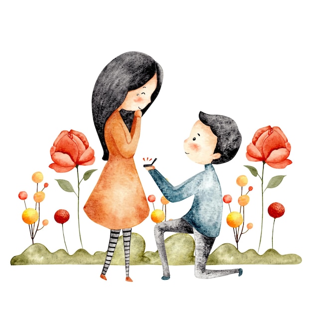 aquarela casal feliz com flores e folhas