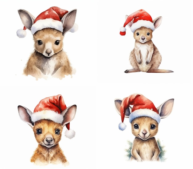 aquarela chapéu de Papai Noel com bebê girafa gato cachorro macaco gato coruja elefante coleção de personagens