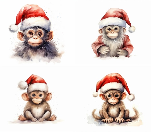 aquarela chapéu de Papai Noel com bebê girafa gato cachorro macaco gato coruja elefante coleção de personagens