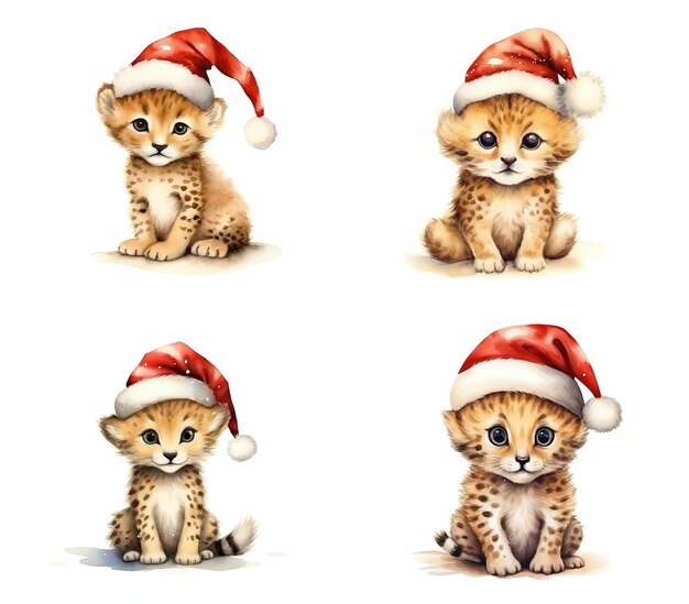 aquarela chapéu de Papai Noel com bebê girafa gato cachorro macaco gato coruja elefante coleção de personagens