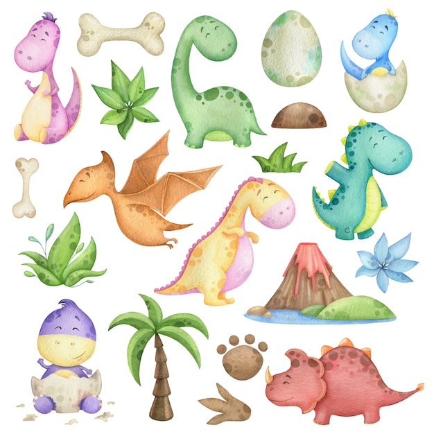 Aquarela com dinossauros e elementos de design