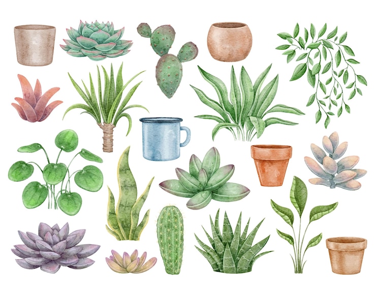 Aquarela com plantas caseiras e vasos de cactos