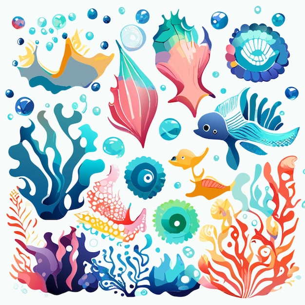 Aquarela conjunto conchas cavalo marinho estrela do mar bolhas ilustração stock abre