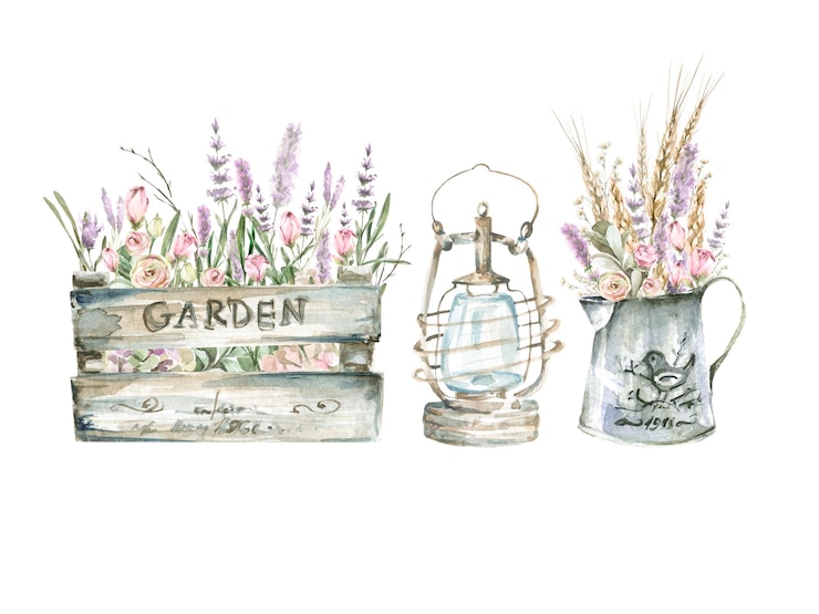 Vetor aquarela conjunto lanterna e buquês com lavandas de hortênsia em jarro caixa de madeira conjunto rústico floral