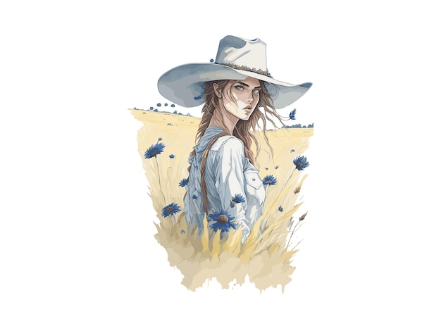 Aquarela Countryside Menina com chapéu de cowboy caminhando em um campo de trigo