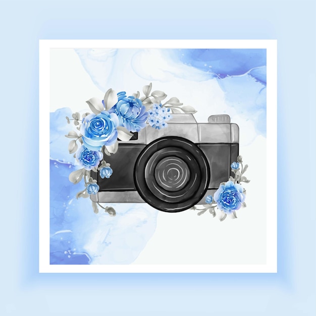 Aquarela da câmera com flores azuis